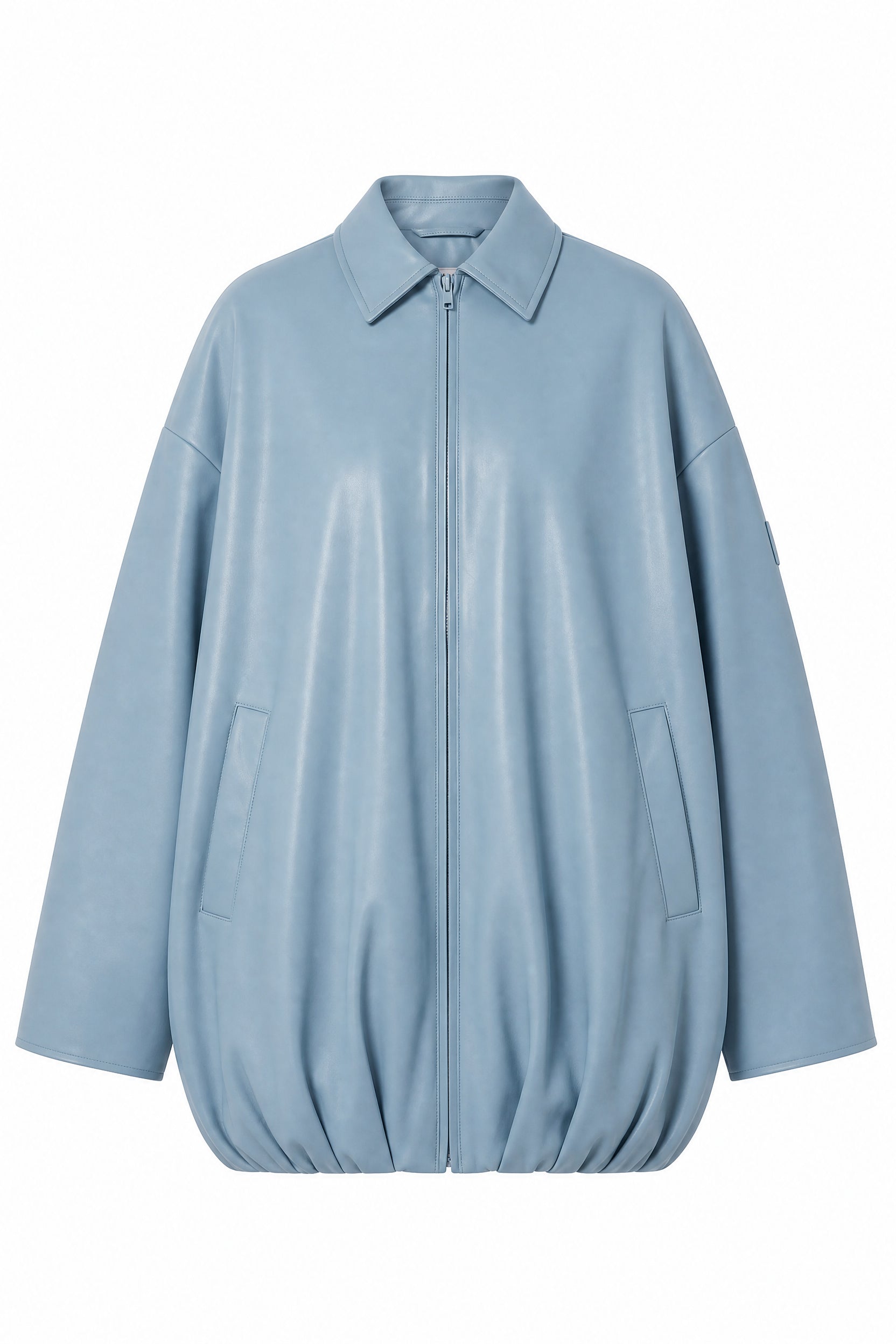 Oversized Olive Leather Bomber Jacket — Ice Blue