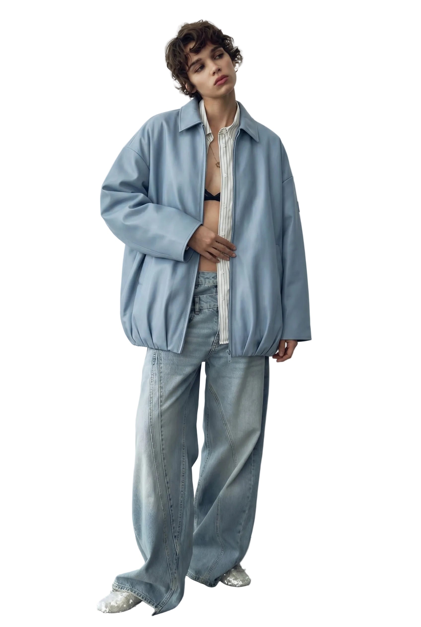 Oversized Olive Leather Bomber Jacket — Ice Blue